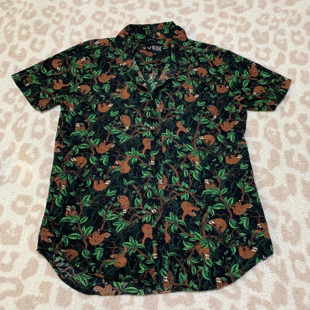 Rude Button Down Sloth Jungle Print Shirt Mens Medium Black Short Sleeve